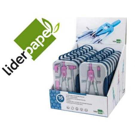 Compás liderpapel con adapatador alargadera y mango extra soft expositor de 16 estuches 2 modelos