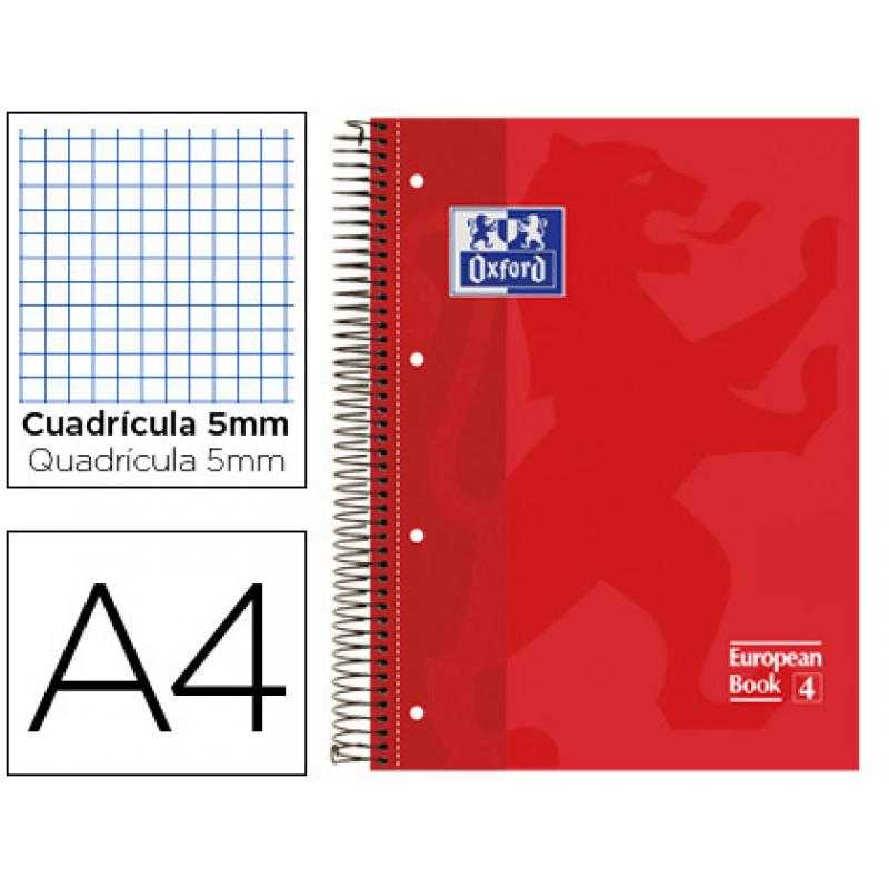 Bloc espiral oxford tapa extradura microperforado din a4 80 hojas cuadros 5mm color rojo