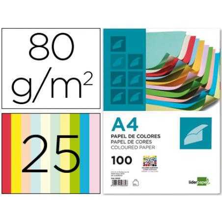 Papel color liderpapel a4 80g/m2 25 colores surtidos paquete de 100