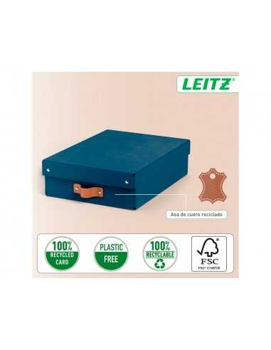 Caja de almacenaje leitz carton mediana baja con asa de piel color azul pack de 2 unidades