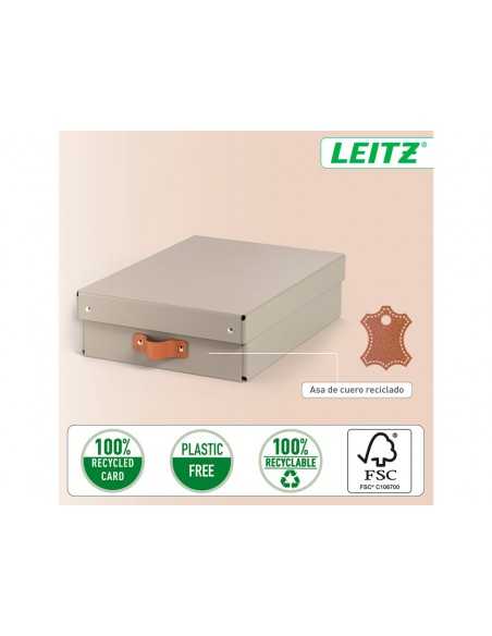 Caja de almacenaje leitz carton mediana baja con asa de piel color beige pack de 2 unidades