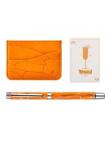 Boligrafo y wallet belius cocktails misosa aluminio naranja plateado relieve tintacolor azul caja de diseño