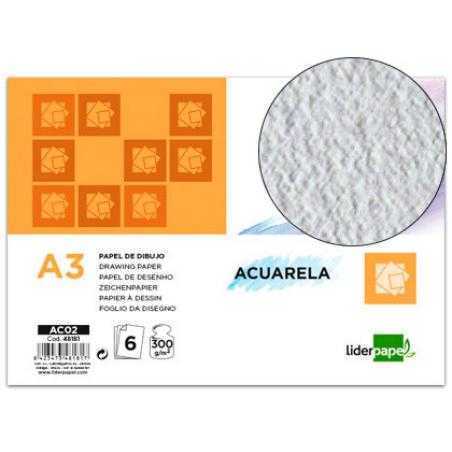 Papel dibujo liderpapel 297x420mm 300g/m2 acuarela pack de 6