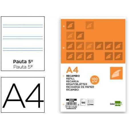 Recambio liderpapel a4 100 hojas 100g/m2 pauta 5ª 2.5mm con margen 4 taladros