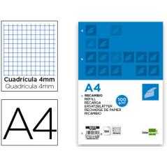 Recambio liderpapel a4 100 hojas 100g/m2 cuadro 4mm con margen 4 taladros