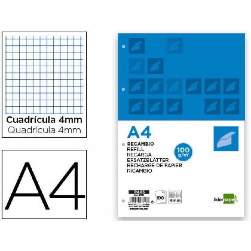 Recambio liderpapel a4 100 hojas 100g/m2 cuadro 4mm con margen 4 taladros