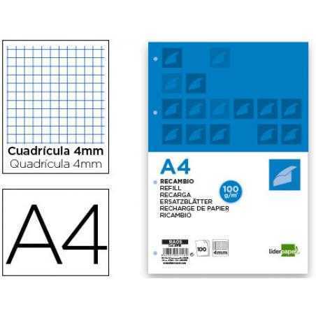Recambio liderpapel a4 100 hojas 100g/m2 cuadro 4mm con margen 4 taladros