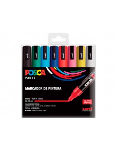 Rotulador uni posca pc-5m/8c marcador de pintura punta conica 1,8-2,5 mm estuche de 8 unidades colores basicos