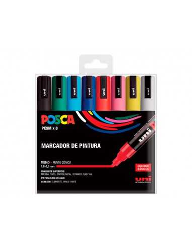 Rotulador uni posca pc-5m/8c marcador de pintura punta conica 1,8-2,5 mm estuche de 8 unidades colores basicos
