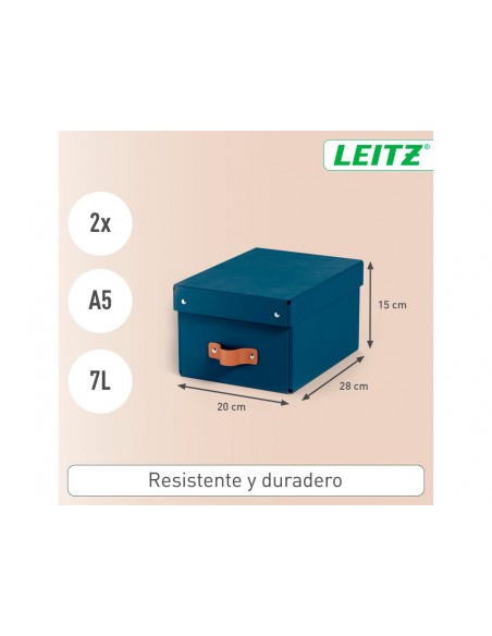 Caja de almacenaje leitz carton pequeña con asa de piel color azul pack de 2 unidades Caja de almacenaje leitz carton pequeña con asa de piel color azul pack de 2 unidades