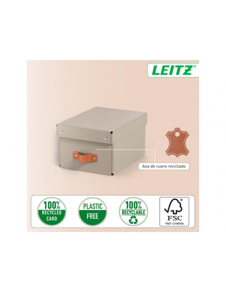 Caja de almacenaje leitz carton pequeña con asa de piel color beige pack de 2 unidades