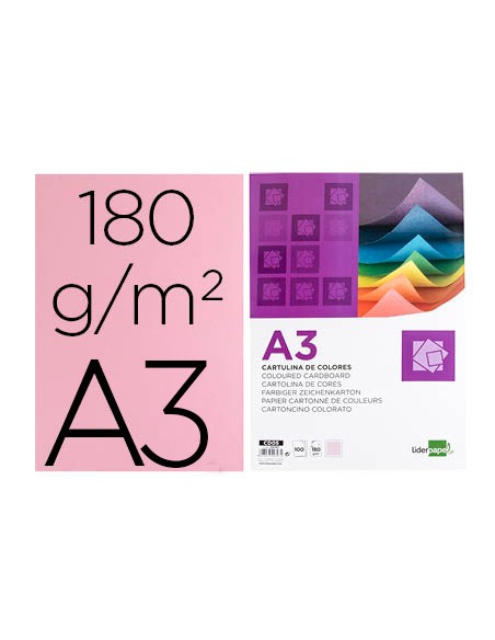 Cartulina liderpapel a3 180g/m2 rosa paquete de 100 hojas