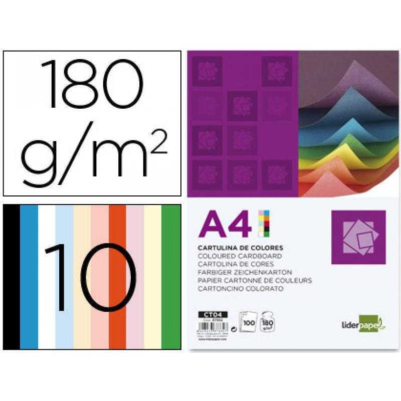 Cartulina liderpapel a4 180g/m2 10 colores surtidos paquete de 100