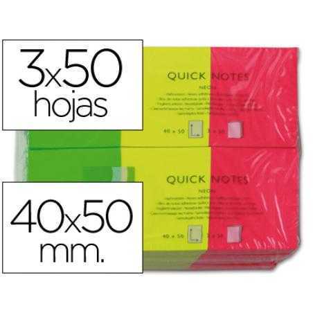 Bloc de notas adhesivas quita y pon q-connect 38x51 mm neon pack de 3 unidades con 50 hojas por color