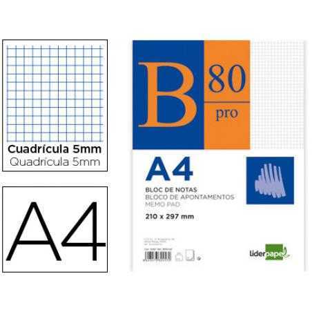 Bloc notas liderpapel cuadro 5mm a4 80 hojas 60g/m2 encolado 4 taladros