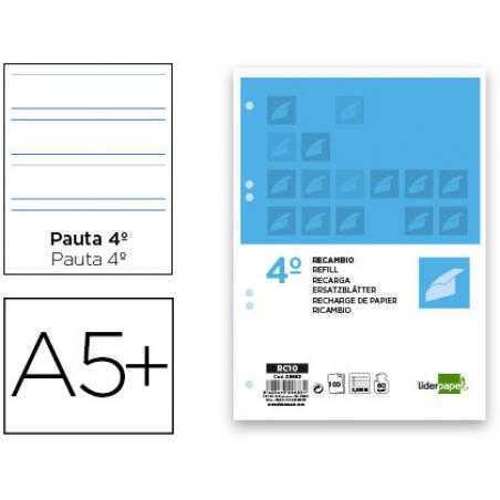 Recambio liderpapel cuarto 100 hojas 60g/m2 pauta 4ª 3.5mm con margen 6 taladros