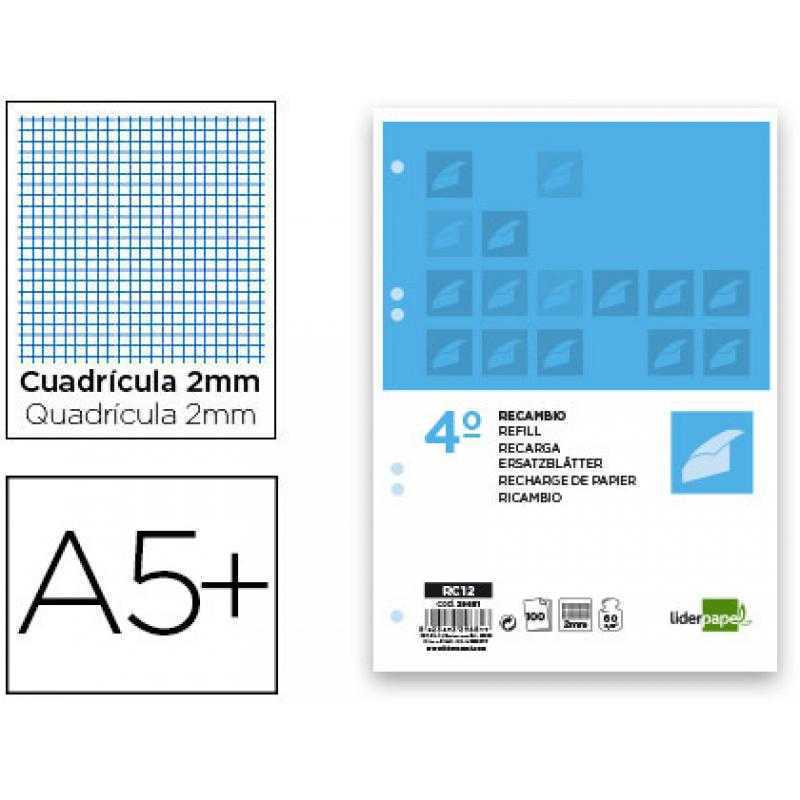 Recambio liderpapel cuarto 100 hojas 60g/m2 milimetrado sin margen 6 taladros