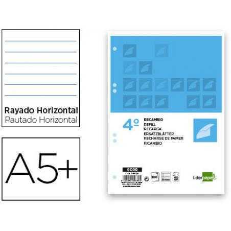 Recambio liderpapel cuarto 100 hojas 60g/m2 horizontal con margen 6 taladros