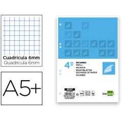 Recambio liderpapel cuarto 100 hojas 60g/m2 cuadro 6mm con margen 6 taladros