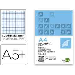 Recambio liderpapel cuarto 100 hojas 60g/m2 cuadro 3mm con margen 6 taladros