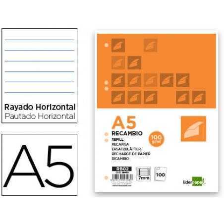 Recambio liderpapel a5 100 hojas 100g/m2 horizontal con margen 6 taladros