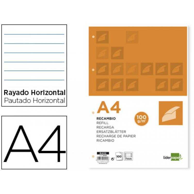 Recambio liderpapel a4 100 hojas 100g/m2 horizontal con ddoble margen 4 taladros