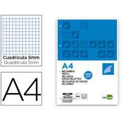 Recambio liderpapel a4 100 hojas 100g/m2 cuadro 5mm con margen 4 taladros