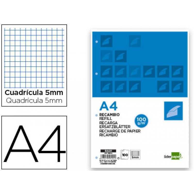 Recambio liderpapel a4 100 hojas 100g/m2 cuadro 5mm con margen 4 taladros
