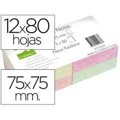 Bloc de notas adhesivas quita y pon q-connect 76x76 mm con 80 hojas fluorescentes pack de 12 surtidas en 4 colores