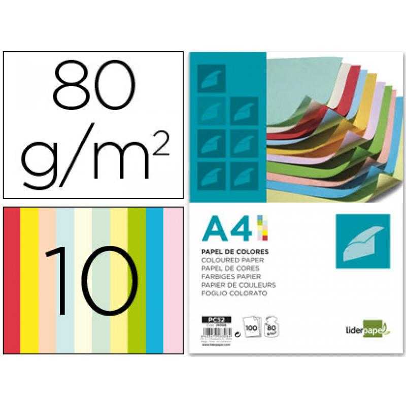 Papel color liderpapel a4 80g/m2 10 colores surtidos paquete de 100