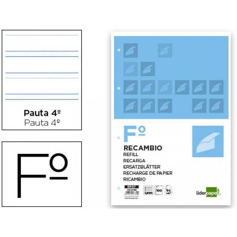 Recambio liderpapel folio 100 hojas 60g/m2pauta 4ª 3.5mm con margen 4 taladros