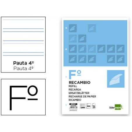 Recambio liderpapel folio 100 hojas 60g/m2pauta 4ª 3.5mm con margen 4 taladros