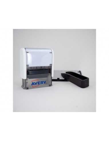 Sello avery especial tejidos personalizable 3 lineas 288 caracteres con pinza y tira termoadhesiva lavable negro