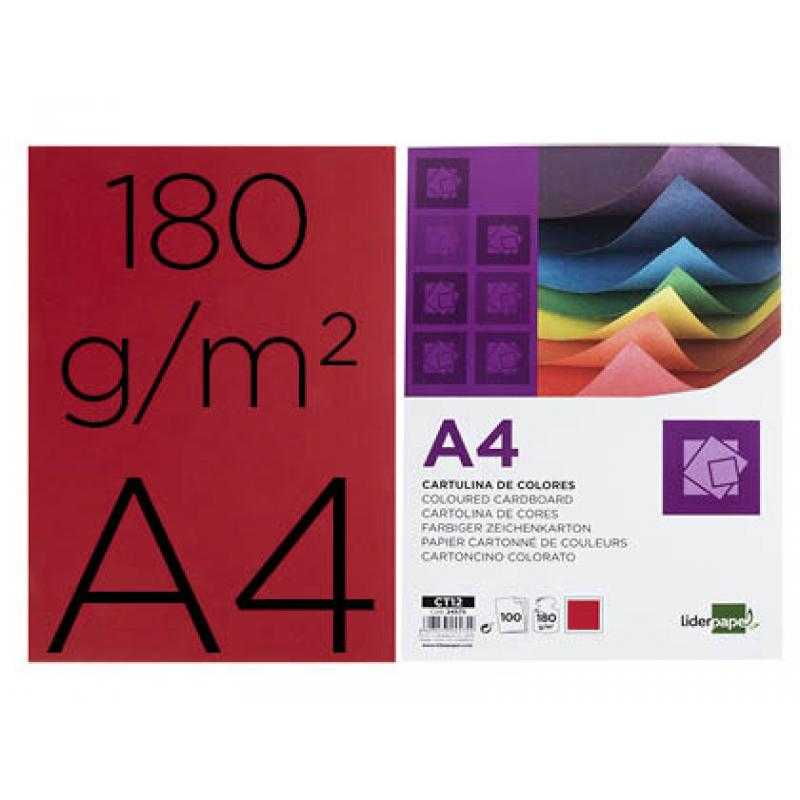 Cartulina liderpapel a4 180g/m2 rojo paquete de 100