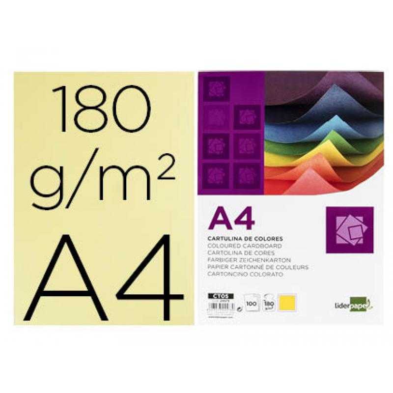 Cartulina liderpapel a4 180g/m2 amarillo paquete de 100