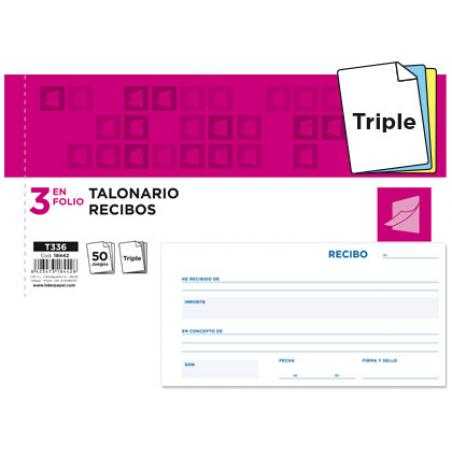 Talonario liderpapel recibos 3/fº apaisado original y 2 copias sin matriz