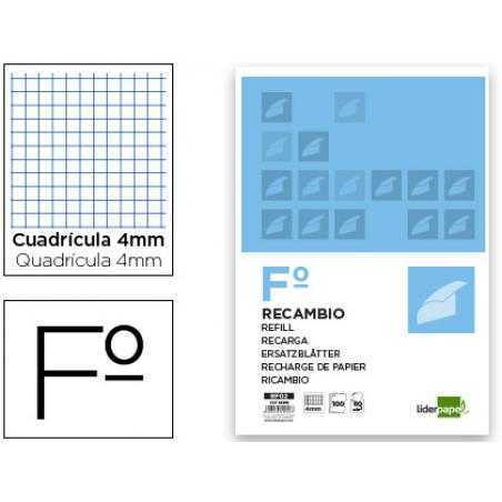 Recambio liderpapel folio 100 hojas 60g/m2cuadro 4mm con margen sin taladros