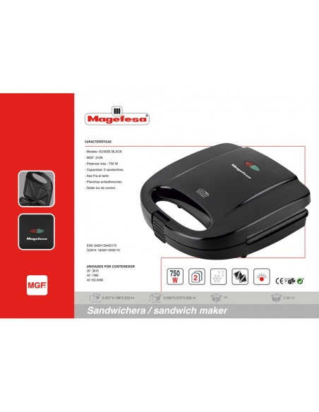Sandwichera magefesa suisse black 750w con asa fria al tacto antiadherente Sandwichera magefesa suisse black 750w con asa fria al tacto antiadherente