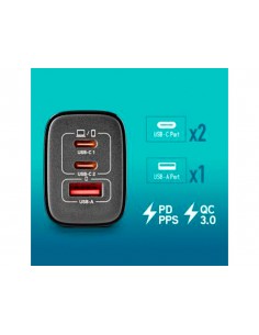 Cargador ngs de pared gan ultrarapido para portatil de 65w con 3 puertos: 2 usb-c y 1 usb-a