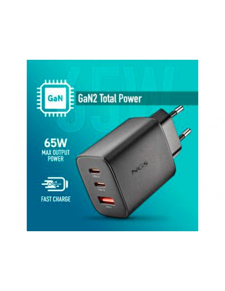 Cargador ngs de pared gan ultrarapido para portatil de 65w con 3 puertos: 2 usb-c y 1 usb-a