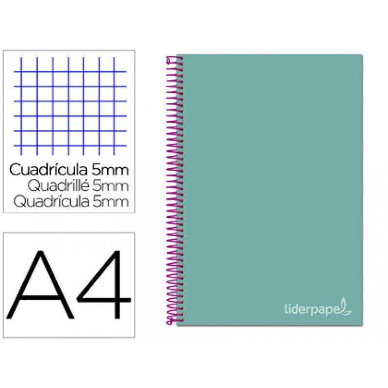 Cuaderno espiral liderpapel a4 micro jolly tapa forrada 140h 75 gr cuadro 5mm 5 bandas4 taladros color turquesa