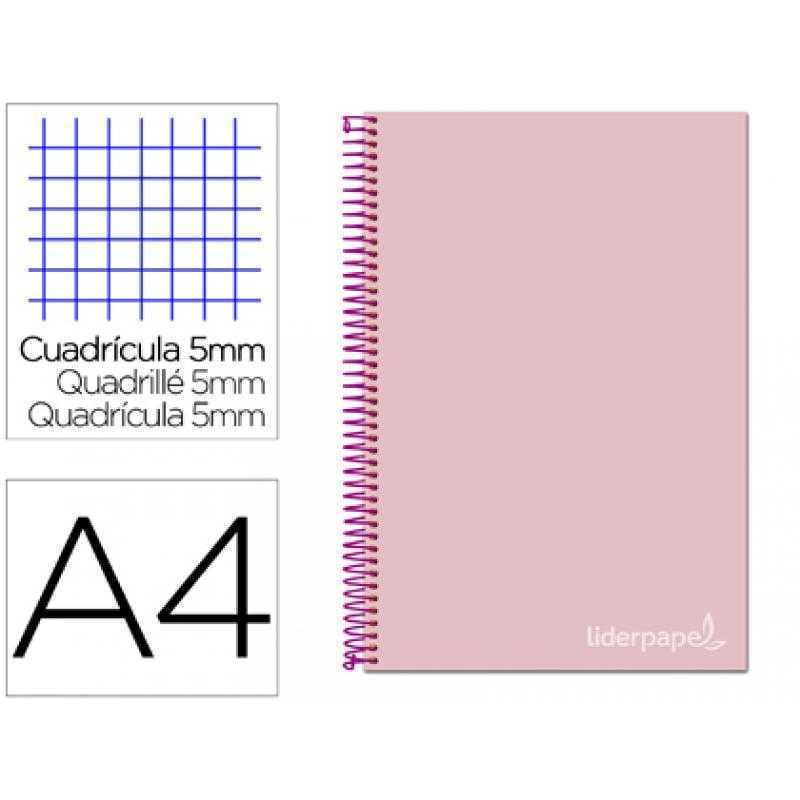 Cuaderno espiral liderpapel a4 micro jolly tapa forrada 140h 75 gr cuadro 5mm 5 bandas 4 taladros color rosa
