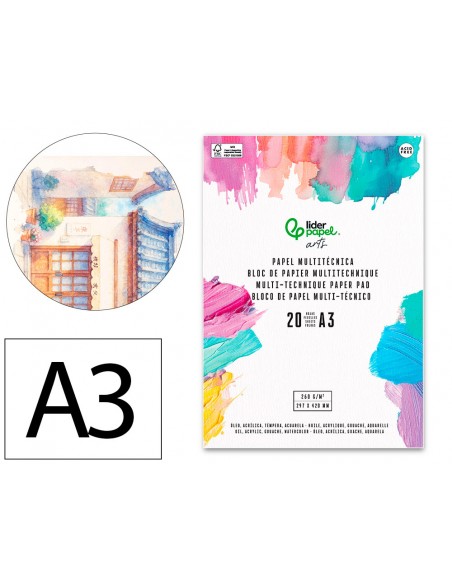 Bloc papel multitecnica liderpapel din a3 para acrilico oleo y gouache 20 hojas gramaje 260g/m2