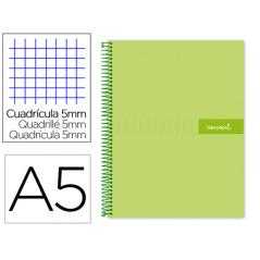 Cuaderno espiral liderpapel a5 micro crafty tapa forrada 120h 90 gr cuadro 5mm 5 bandas6 taladros color verde