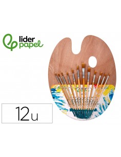 Pinceles sinteticos liderpapel pack de 12 unidades con puntas y tamaños surtidos + paleta de madera
