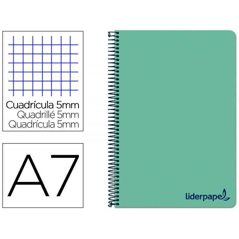 Cuaderno espiral liderpapel a7 micro wonder tapa plastico 100h 90 gr cuadro 5mm 4 bandas color verde