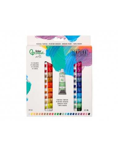 Pintura gouache/tempera liderpapel caja de 24 tubos de aluminio de 12 ml colores surtidos