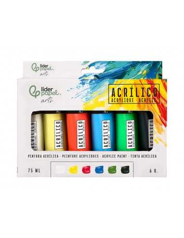 Pintura acrilica liderpapel caja de 6 tubos de plastico de 75 ml colores basicos