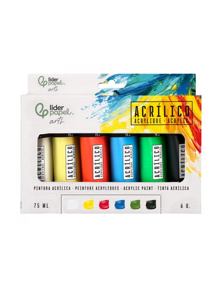 Pintura acrilica liderpapel caja de 6 tubos de plastico de 75 ml colores basicos