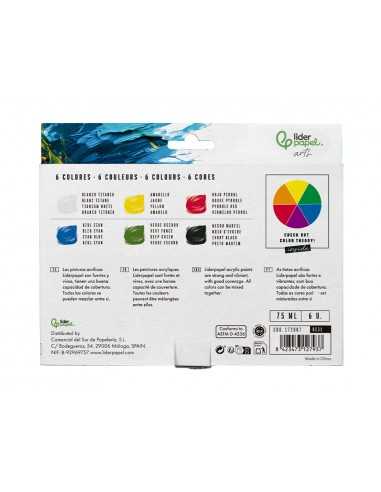 Pintura acrilica liderpapel caja de 6 tubos de plastico de 75 ml colores basicos